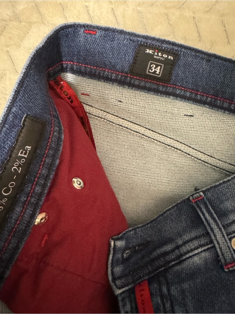 Kiton Denim Jeans in Medium Blue with Red Accents - Picture 6 of 16
